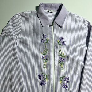 Vintage Regal Zip Front Blouse Embroidered Iris Floral Purple Stripe Seersucker